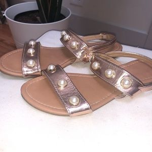 Size 10 rose gold, pearl embellished sandals